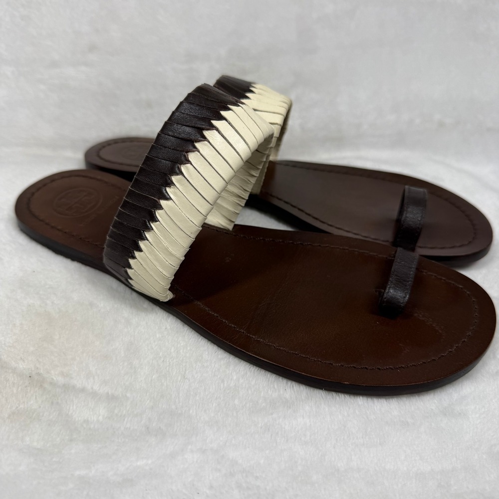 Tory Burch Woven Leather Toe Loop Flat Sandals Brown Cream Size 7